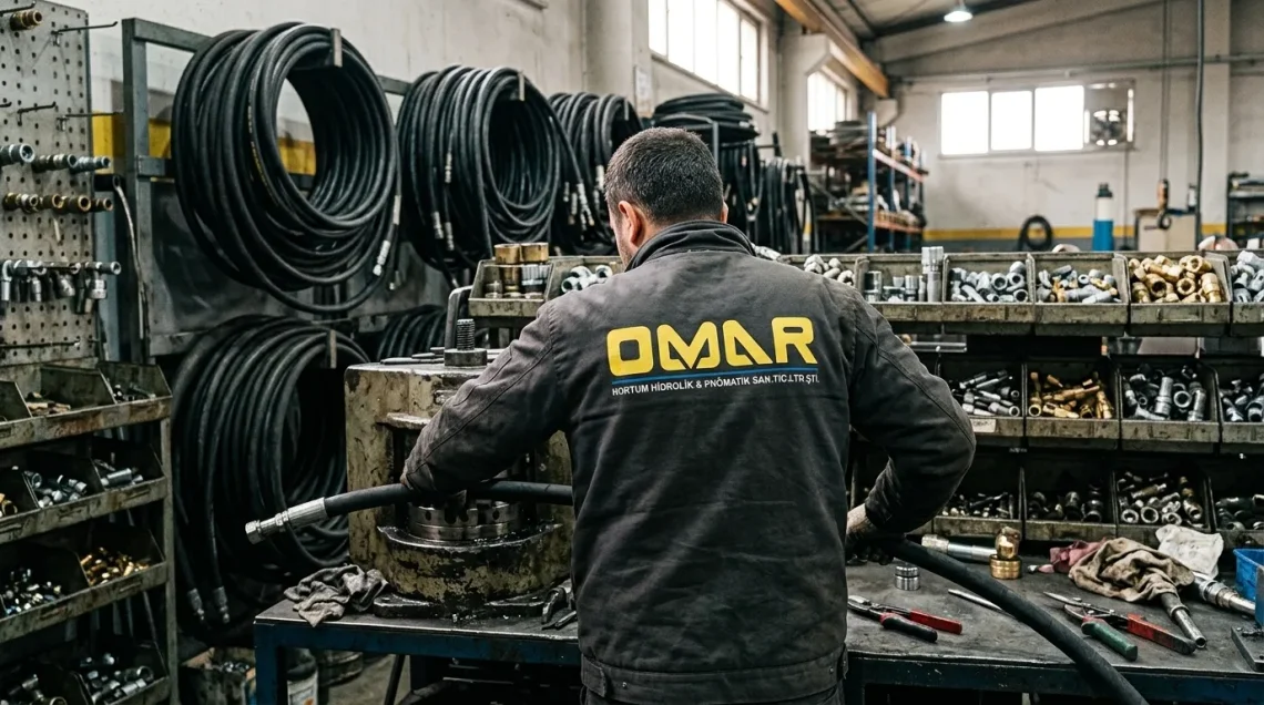 فني من Omar Hortum يجهّز خرطومًا هيدروليكيًا على ماكينة كبس الخراطيم في الورشة